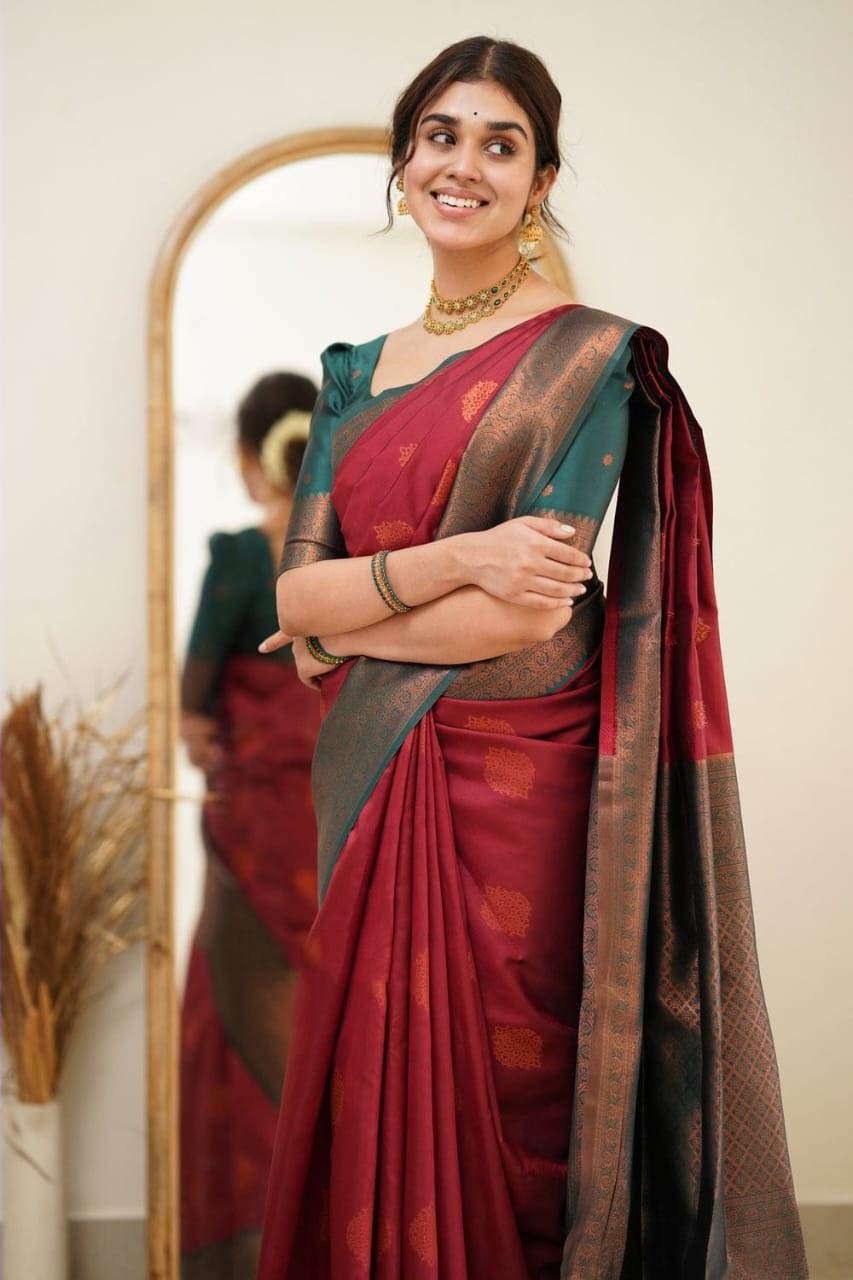 Fragrant Maroon Soft Silk Saree with Exuberant Blouse Piece Shriji