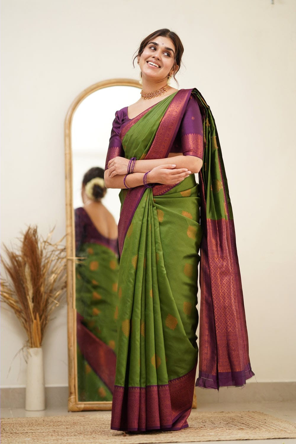 Splendorous Mehndi Soft Silk Saree with Glittering Blouse Piece Shriji Main image