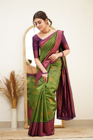 Splendorous Mehndi Soft Silk Saree with Glittering Blouse Piece Shriji