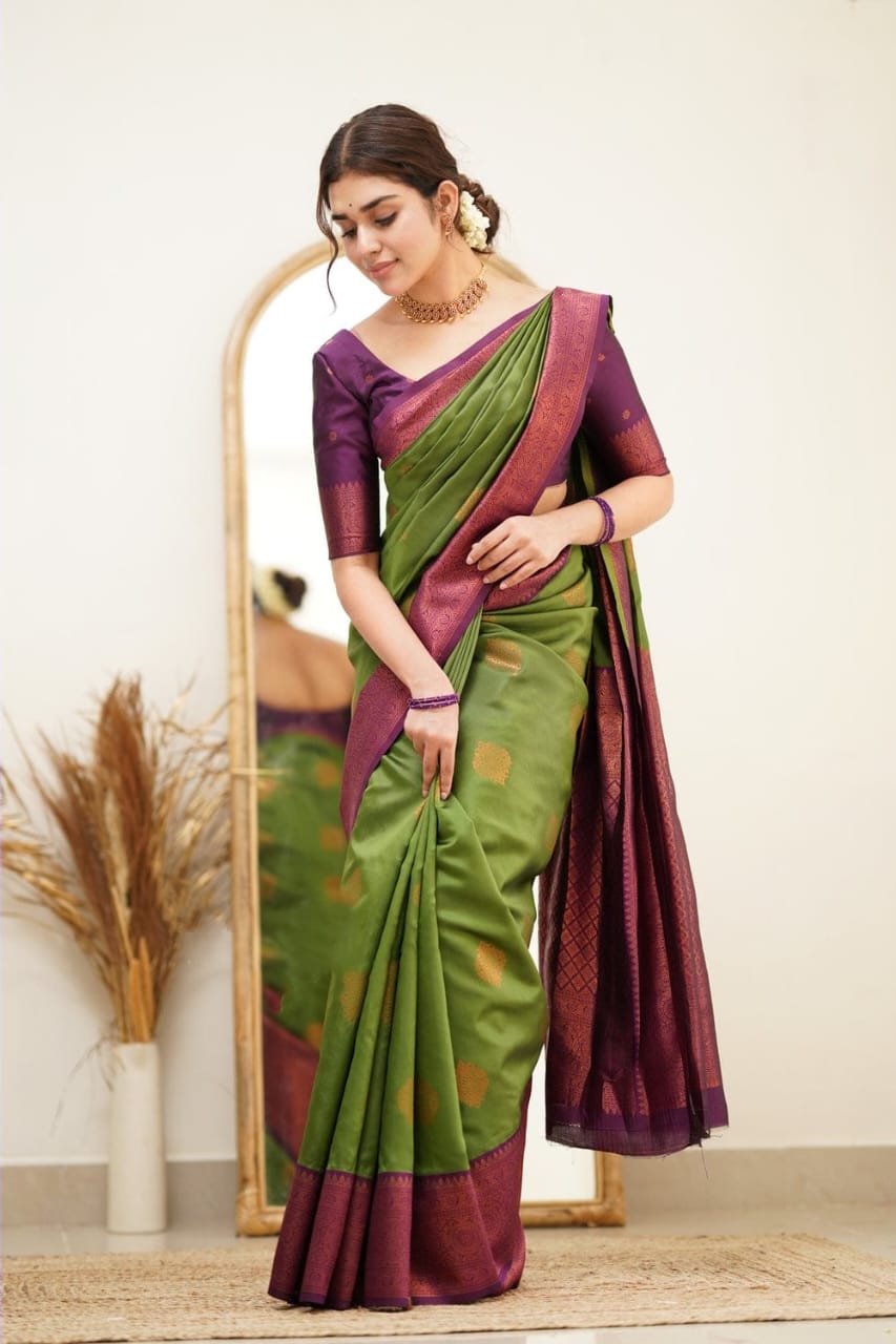 Embroidered Work On Bewitching Art Silk Saree In Mehendi Green Color