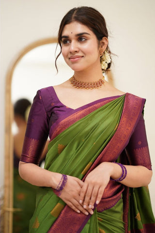 Splendorous Mehndi Soft Silk Saree with Glittering Blouse Piece Shriji