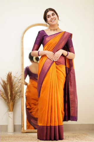 Smashing Yellow Soft Silk Saree with Proficient Artistic Piece Shriji