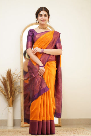 Smashing Yellow Soft Silk Saree with Proficient Artistic Piece Shriji