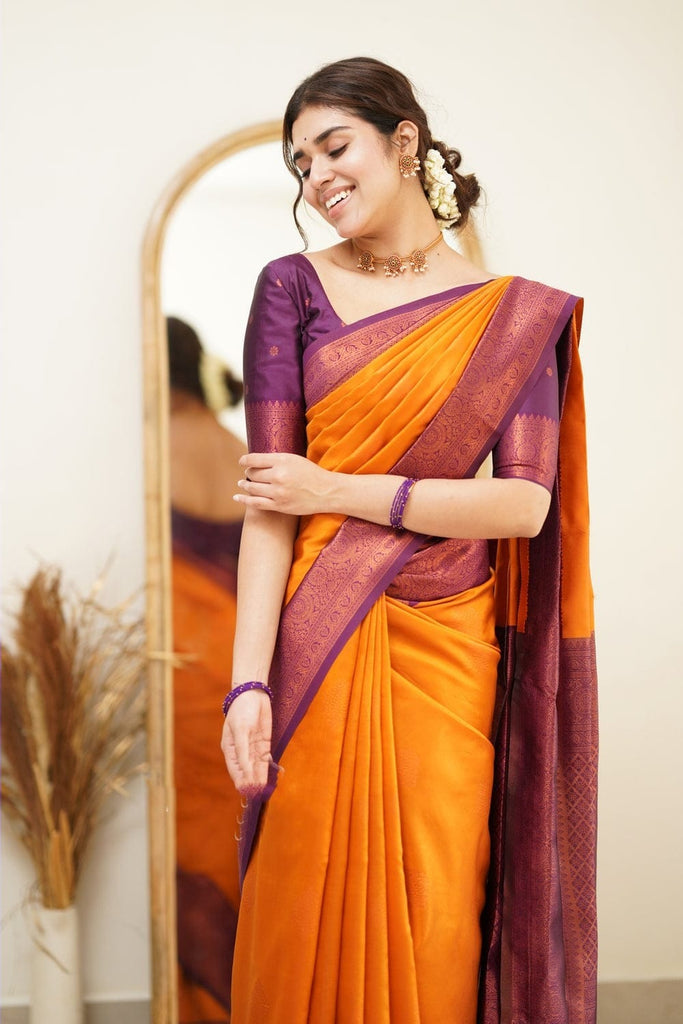 Yellow sari with contrasting purple blouse | Indian outfits, Indian wear,  Yellow dress