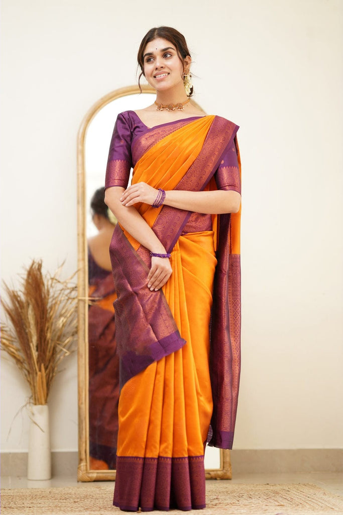 Smashing Yellow Soft Silk Saree with Proficient Artistic Piece Shriji