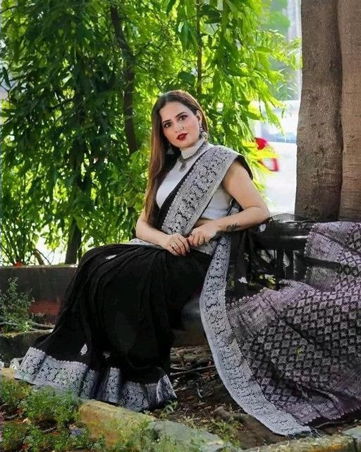 Desirable Black Soft Banarasi Silk Saree With Attractive Blouse Piece Shriji
