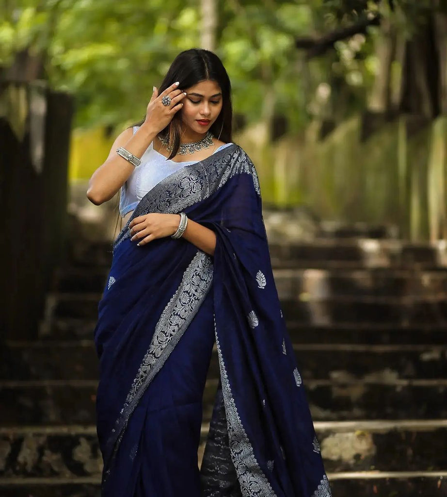 Engrossing Navy Blue Soft Silk Saree With Glowing Blouse Piece Shriji