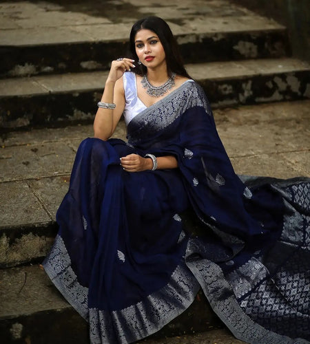Engrossing Navy Blue Soft Silk Saree With Glowing Blouse Piece Shriji