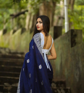 Engrossing Navy Blue Soft Silk Saree With Glowing Blouse Piece Shriji
