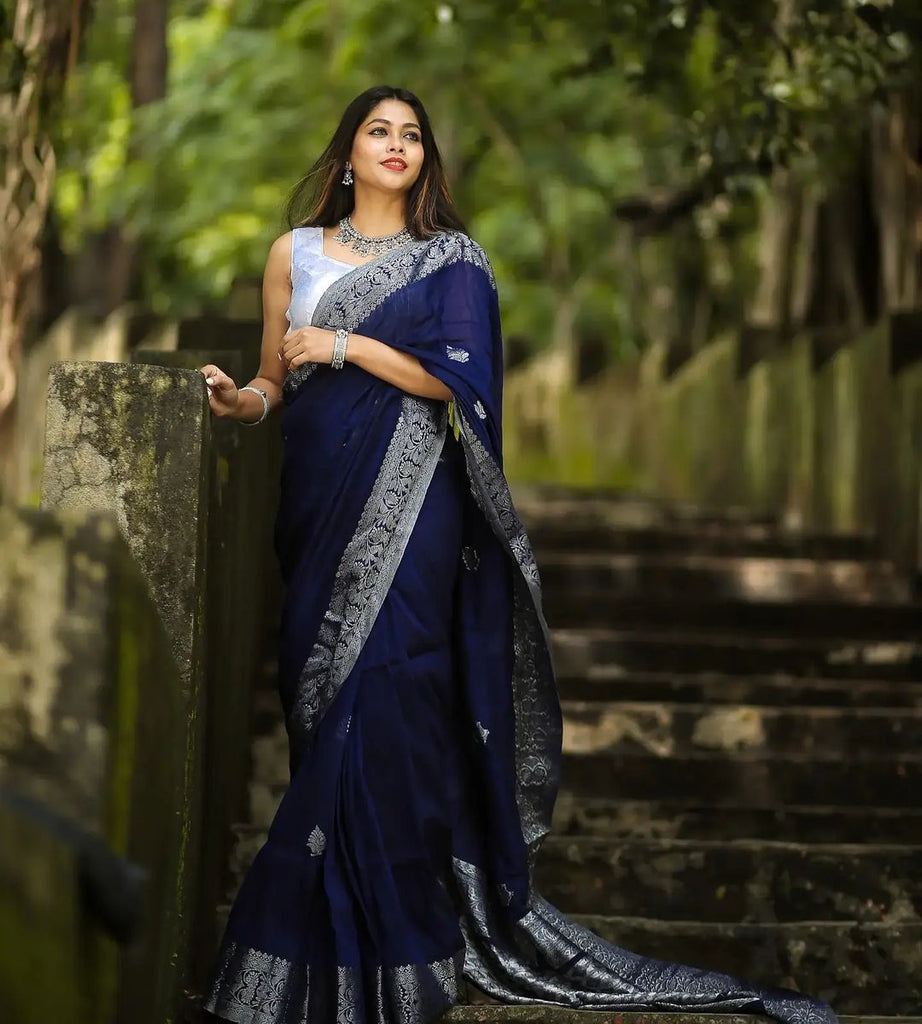 Engrossing Navy Blue Soft Silk Saree With Glowing Blouse Piece Shriji