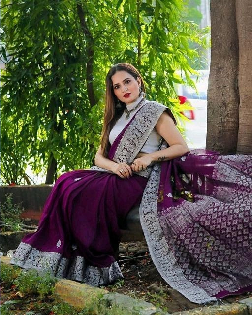 Stunner Purple Soft Banarasi Silk Saree With Attractive Blouse Piece Shriji