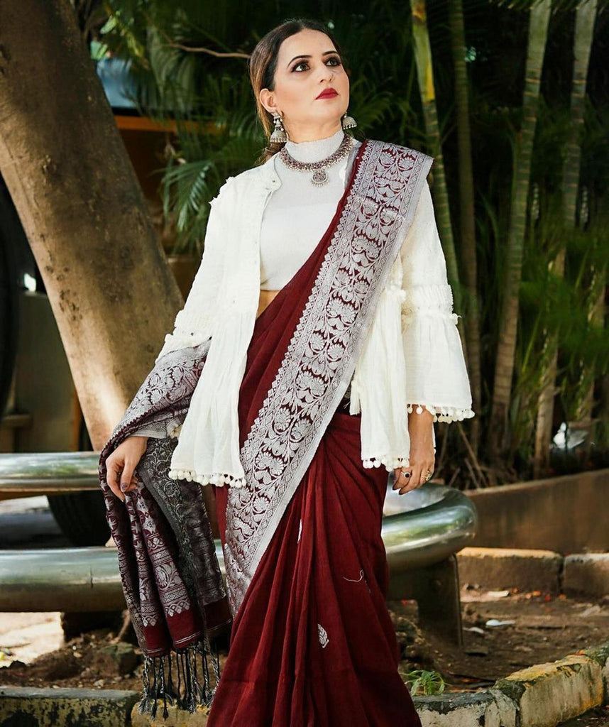Deserving Wine Soft Banarasi Silk Saree With Attractive Blouse Piece Shriji
