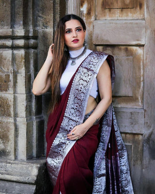 Deserving Wine Soft Banarasi Silk Saree With Attractive Blouse Piece Shriji
