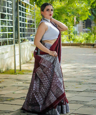 Deserving Wine Soft Banarasi Silk Saree With Attractive Blouse Piece Shriji