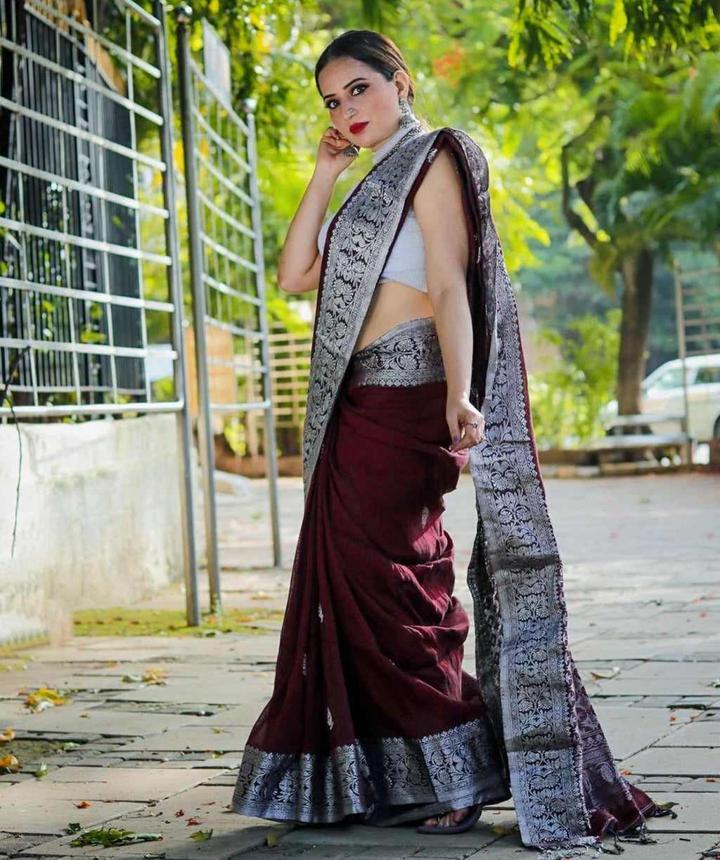 Deserving Wine Soft Banarasi Silk Saree With Attractive Blouse Piece Shriji