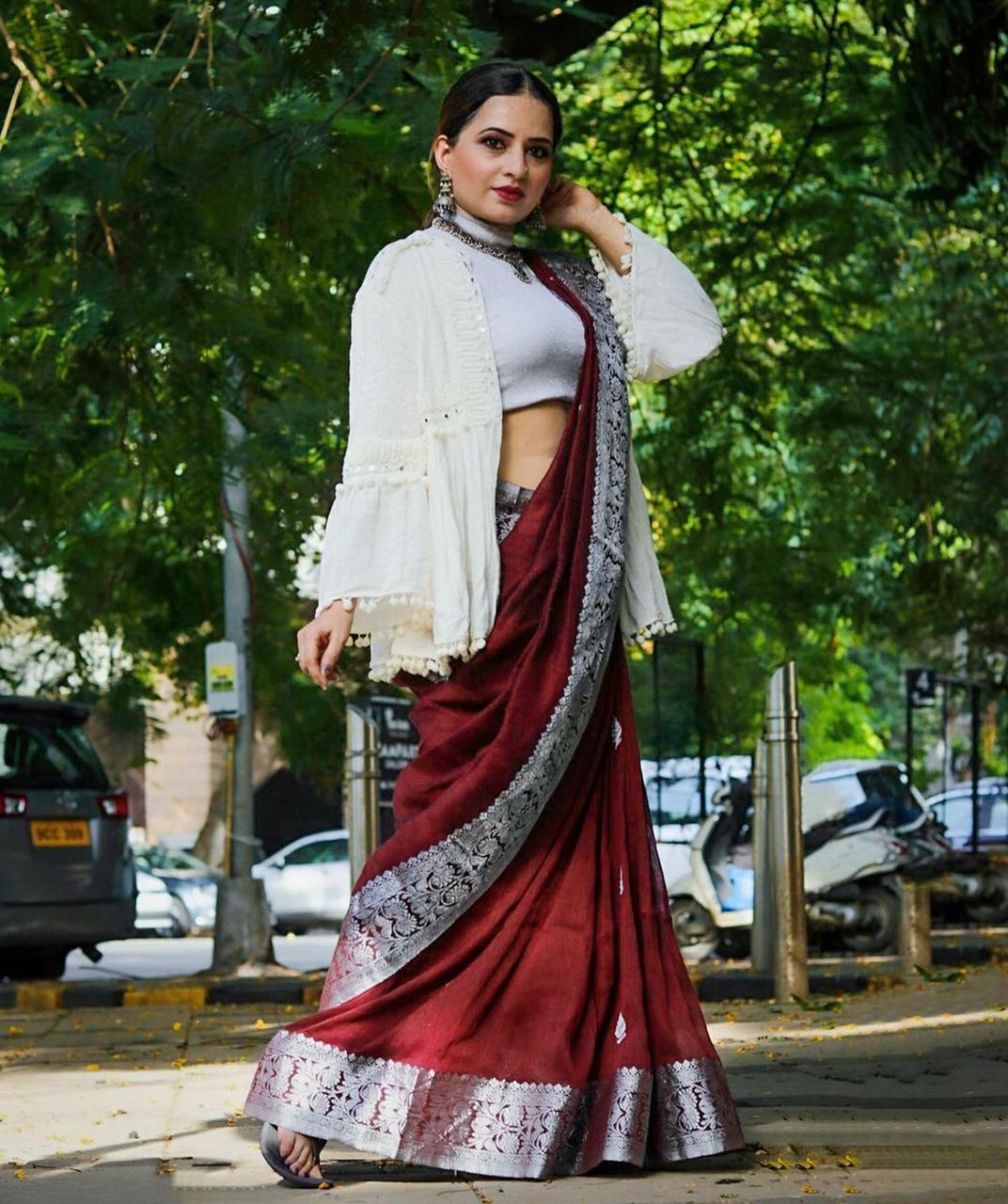 Deserving Wine Soft Banarasi Silk Saree With Attractive Blouse Piece Shriji