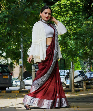 Deserving Wine Soft Banarasi Silk Saree With Attractive Blouse Piece Shriji