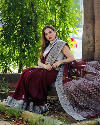 Deserving Wine Soft Banarasi Silk Saree With Attractive Blouse Piece Shriji