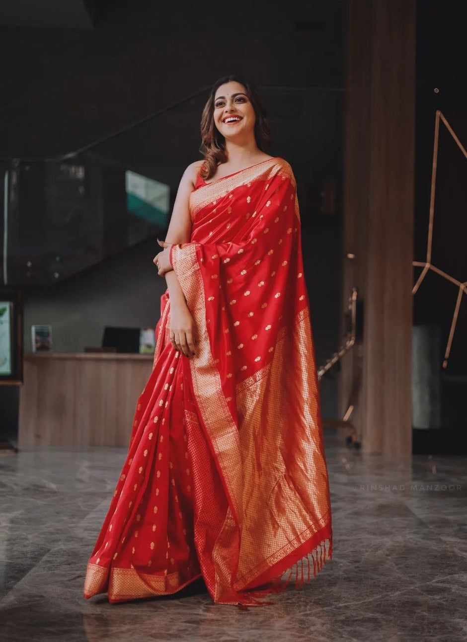 Cynosure Red Soft Banarasi Silk Saree With Demesne Blouse Piece Shriji