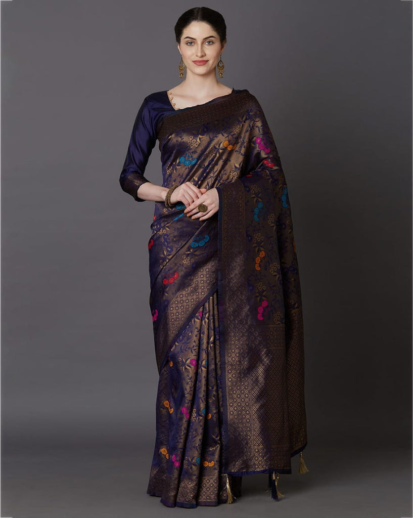 Brood Navy Blue Soft Banarasi Silk Saree With Intricate Blouse Piece Shriji
