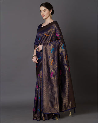 Brood Navy Blue Soft Banarasi Silk Saree With Intricate Blouse Piece Shriji
