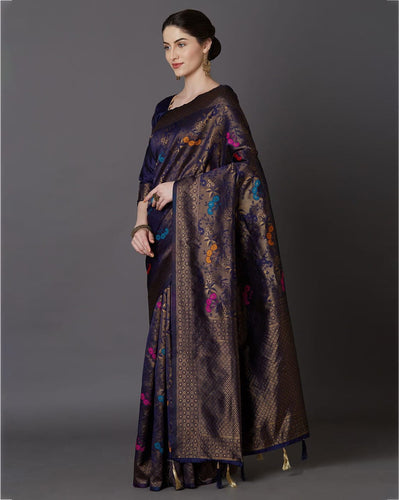 Brood Navy Blue Soft Banarasi Silk Saree With Intricate Blouse Piece Shriji
