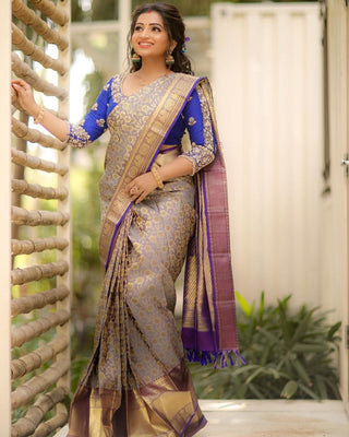 Palimpsest Grey Soft Banarasi Silk Saree With Two Snazzy Blouse Piece Shriji