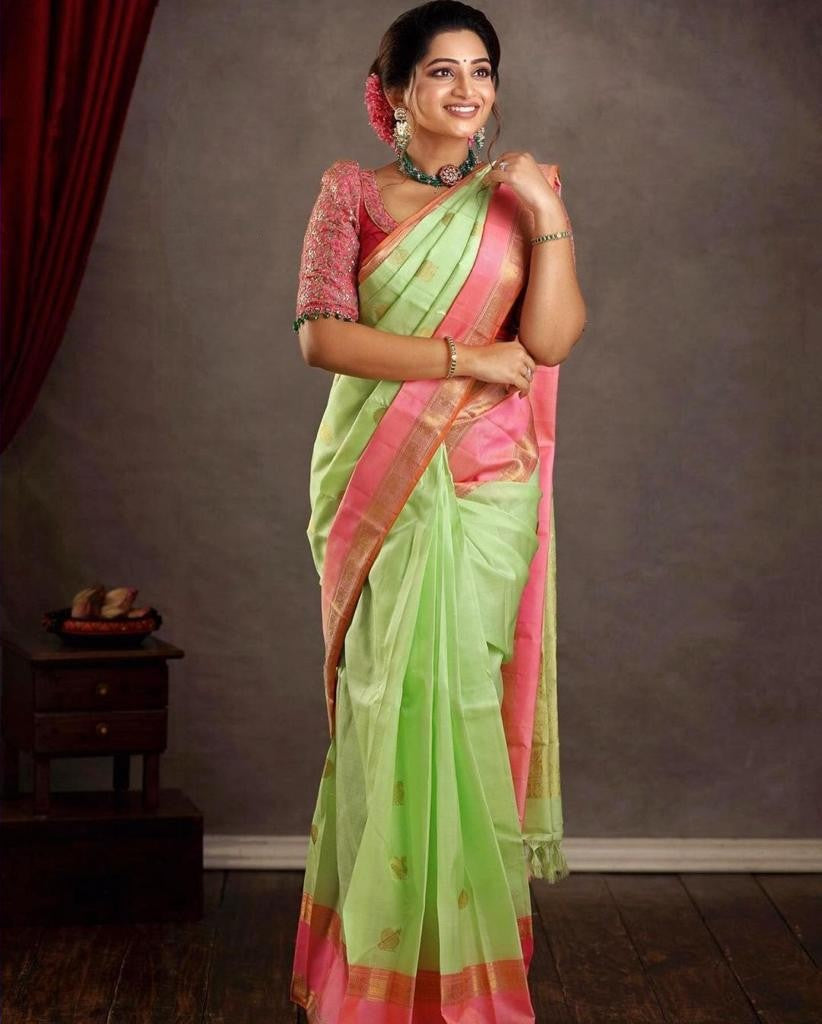 Glowing Pista Soft Silk Saree With Evocative Blouse Piece Shriji