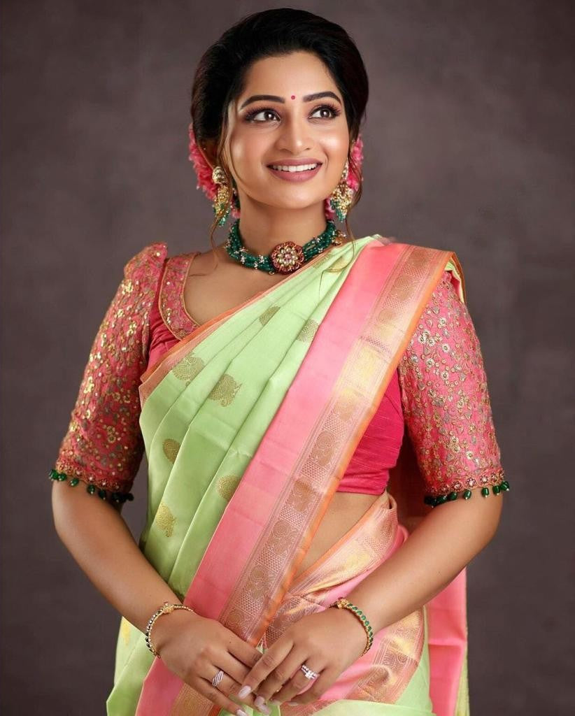 Glowing Pista Soft Silk Saree With Evocative Blouse Piece Shriji