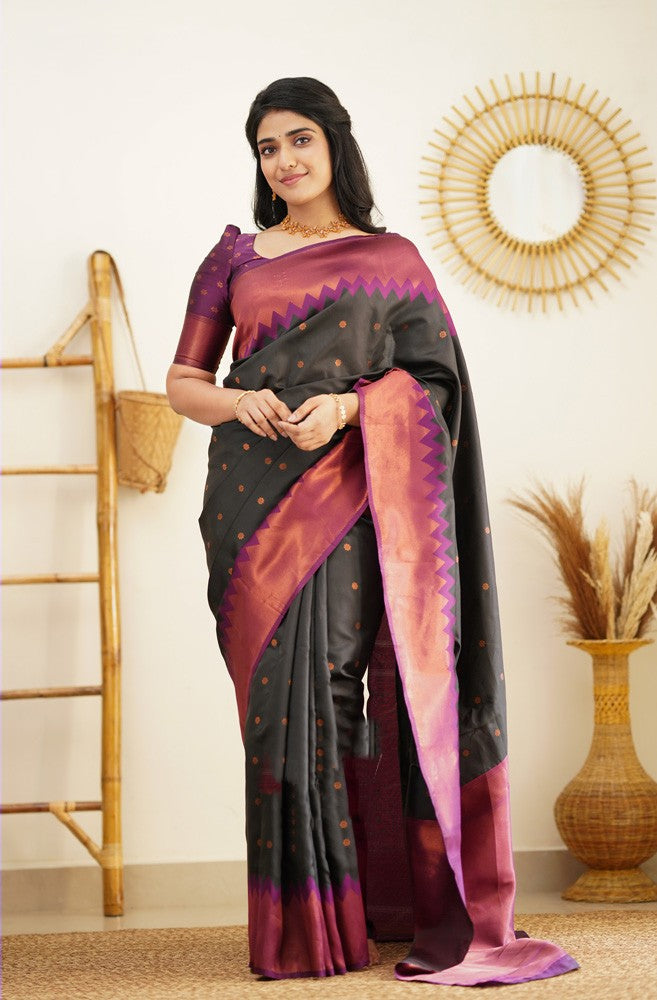 Breathtaking Black Soft Silk Saree with Glittering Blouse Piece Shriji