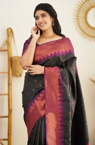 Breathtaking Black Soft Silk Saree with Glittering Blouse Piece Shriji