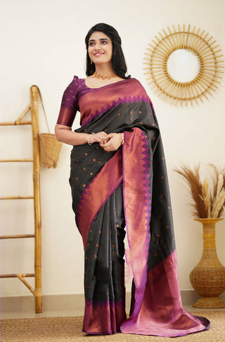 Breathtaking Black Soft Silk Saree with Glittering Blouse Piece Shriji