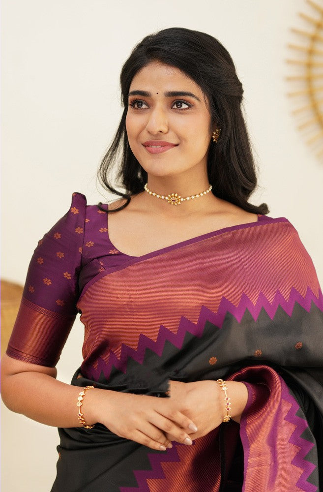 Breathtaking Black Soft Silk Saree with Glittering Blouse Piece Shriji