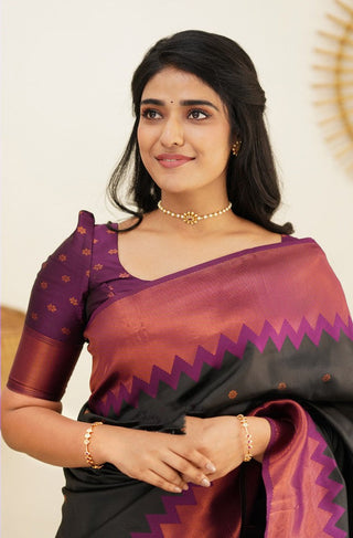 Breathtaking Black Soft Silk Saree with Glittering Blouse Piece Shriji