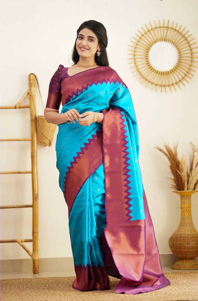 Designer Firozi Soft Silk Saree with Prominent Blouse Piece Shriji