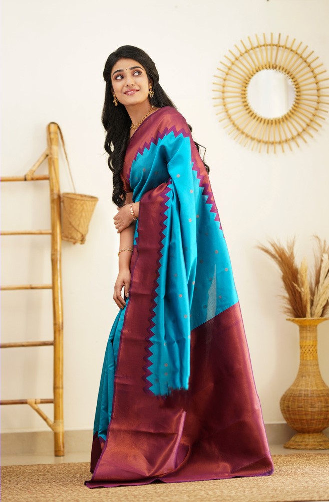 Designer Firozi Soft Silk Saree with Prominent Blouse Piece Shriji