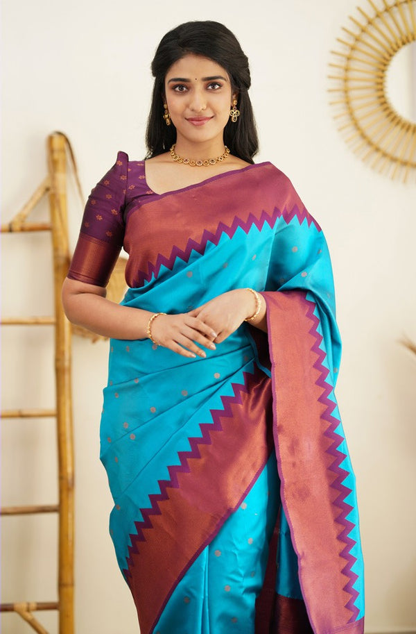 Designer Firozi Soft Silk Saree with Prominent Blouse Piece Shriji
