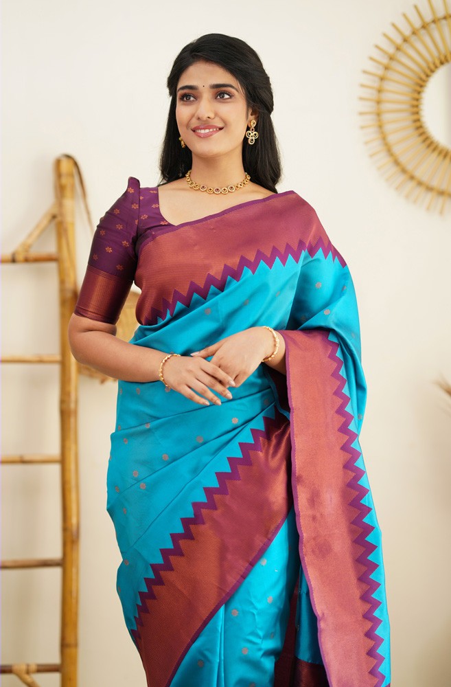 Designer Firozi Soft Silk Saree with Prominent Blouse Piece Shriji