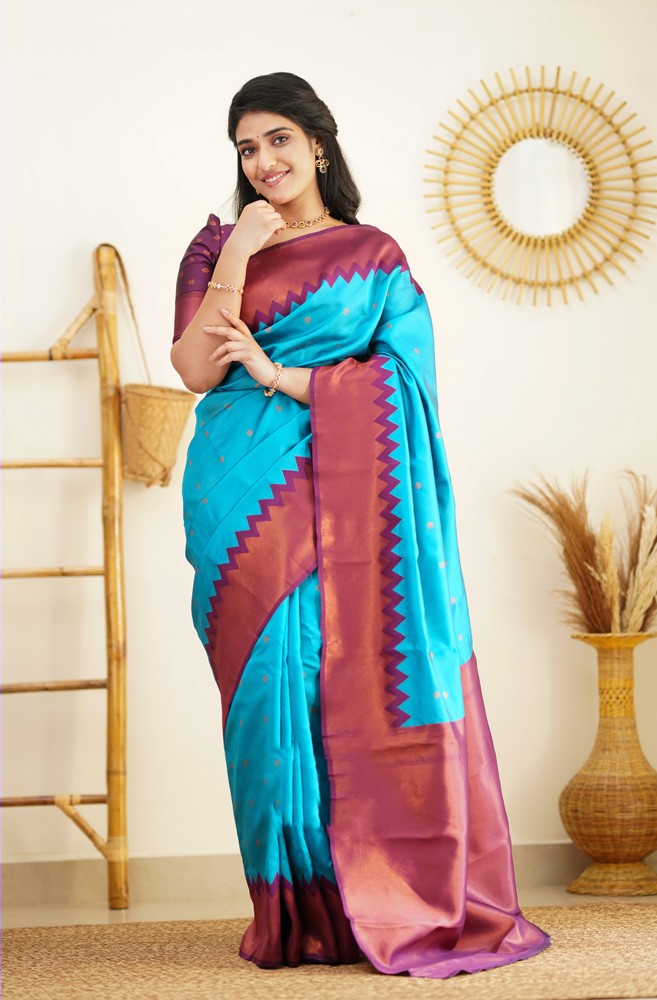 Designer Firozi Soft Silk Saree with Prominent Blouse Piece Shriji