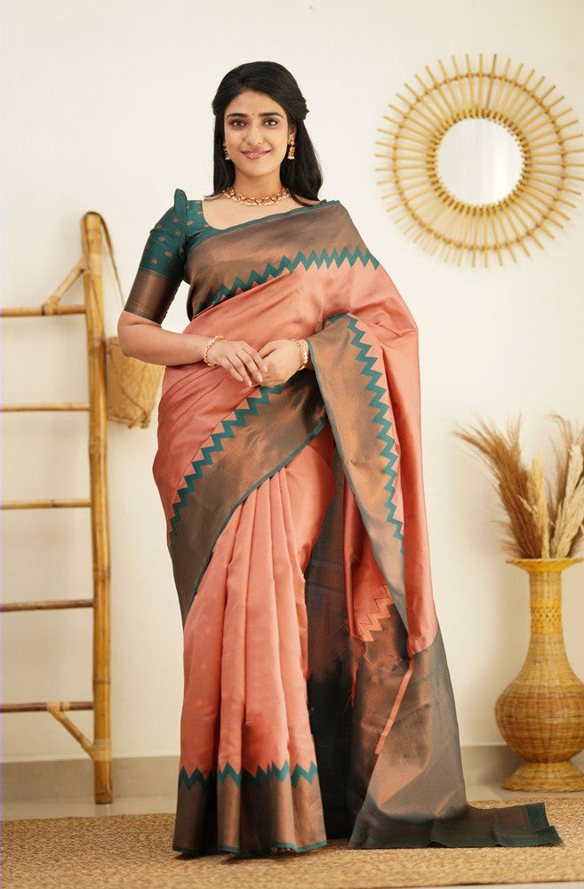 Ailurophile Peach Soft Silk Saree with Admirable Blouse Piece Shriji