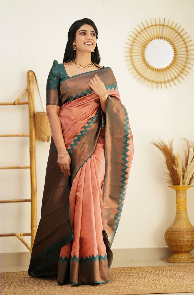 Ailurophile Peach Soft Silk Saree with Admirable Blouse Piece Shriji