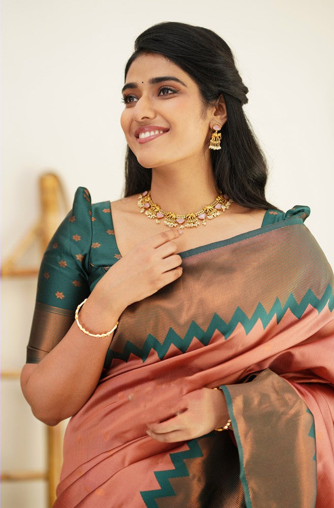 Ailurophile Peach Soft Silk Saree with Admirable Blouse Piece Shriji