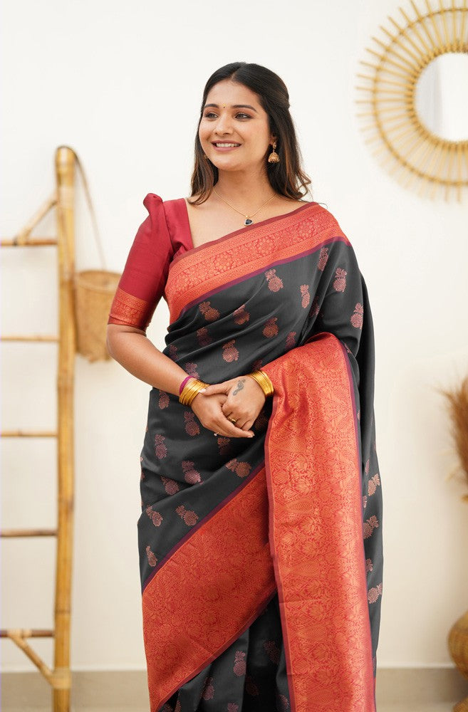 Scrumptious Black Soft Banarasi Silk Saree With Luxuriant Blouse Piece Shriji