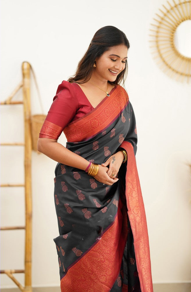 Scrumptious Black Soft Banarasi Silk Saree With Luxuriant Blouse Piece Shriji