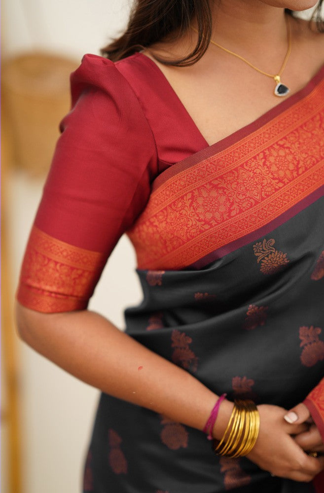 Scrumptious Black Soft Banarasi Silk Saree With Luxuriant Blouse Piece Shriji