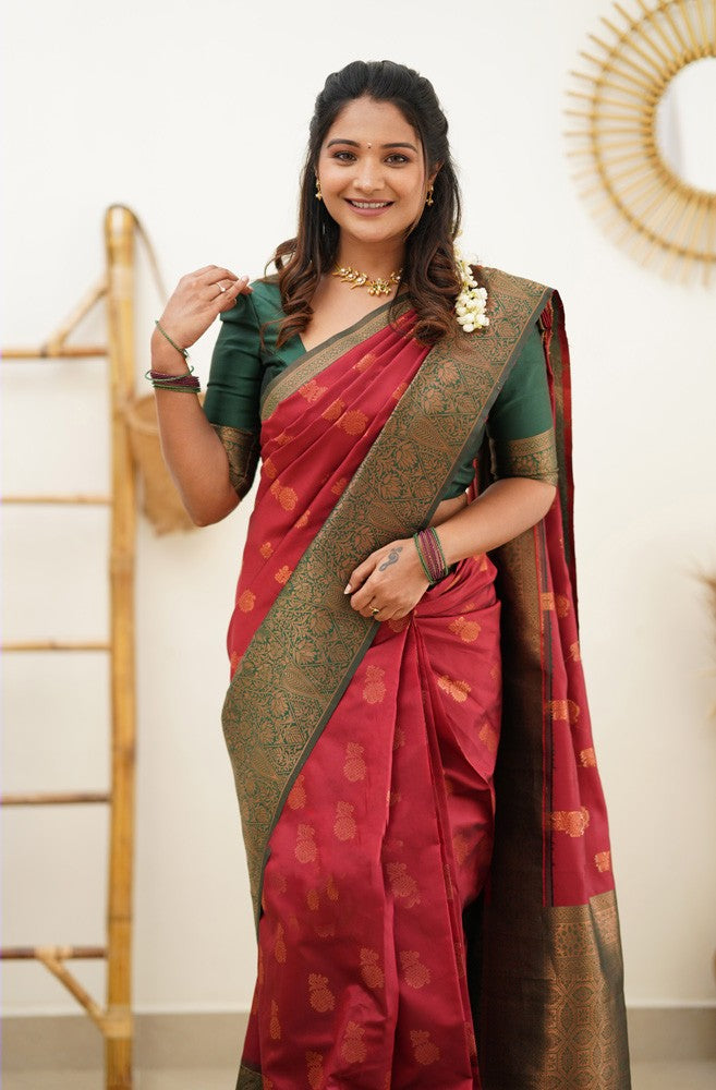 Smashing Maroon Soft Banarasi Silk Saree With Snappy Blouse Piece Shriji