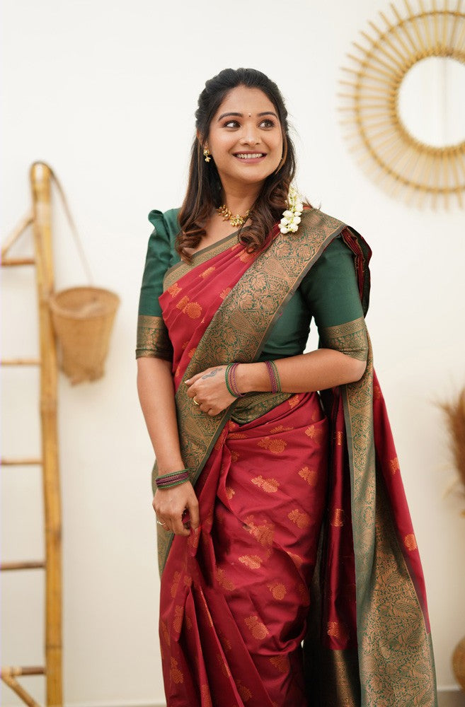 Smashing Maroon Soft Banarasi Silk Saree With Snappy Blouse Piece Shriji