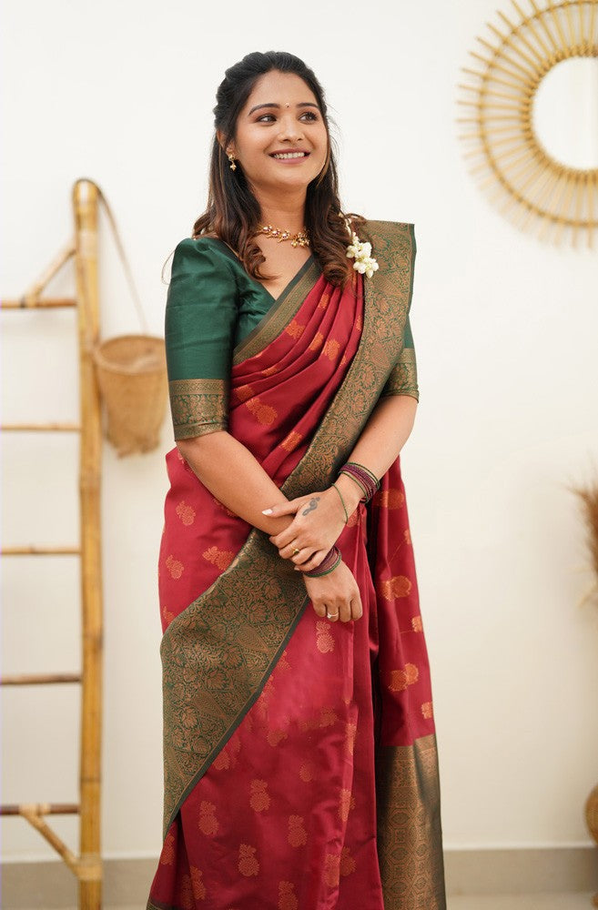 Smashing Maroon Soft Banarasi Silk Saree With Snappy Blouse Piece Shriji