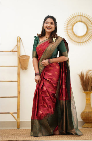 Smashing Maroon Soft Banarasi Silk Saree With Snappy Blouse Piece Shriji