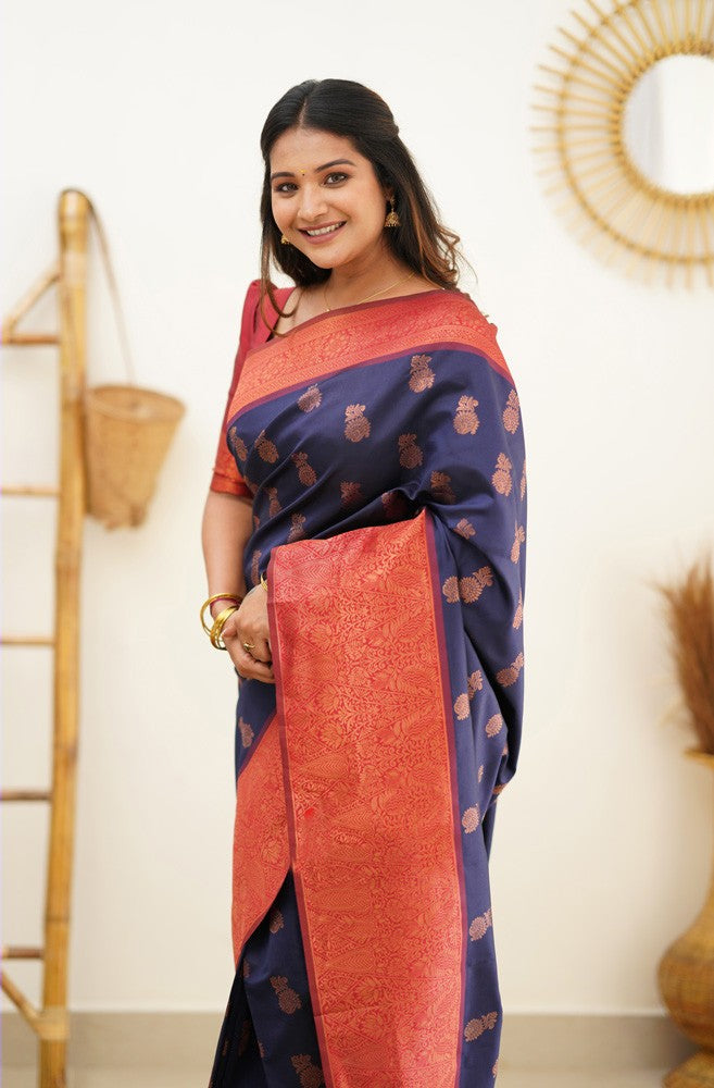 Magnetic Navy Blue Soft Banarasi Silk Saree With Confounding Blouse Piece Shriji